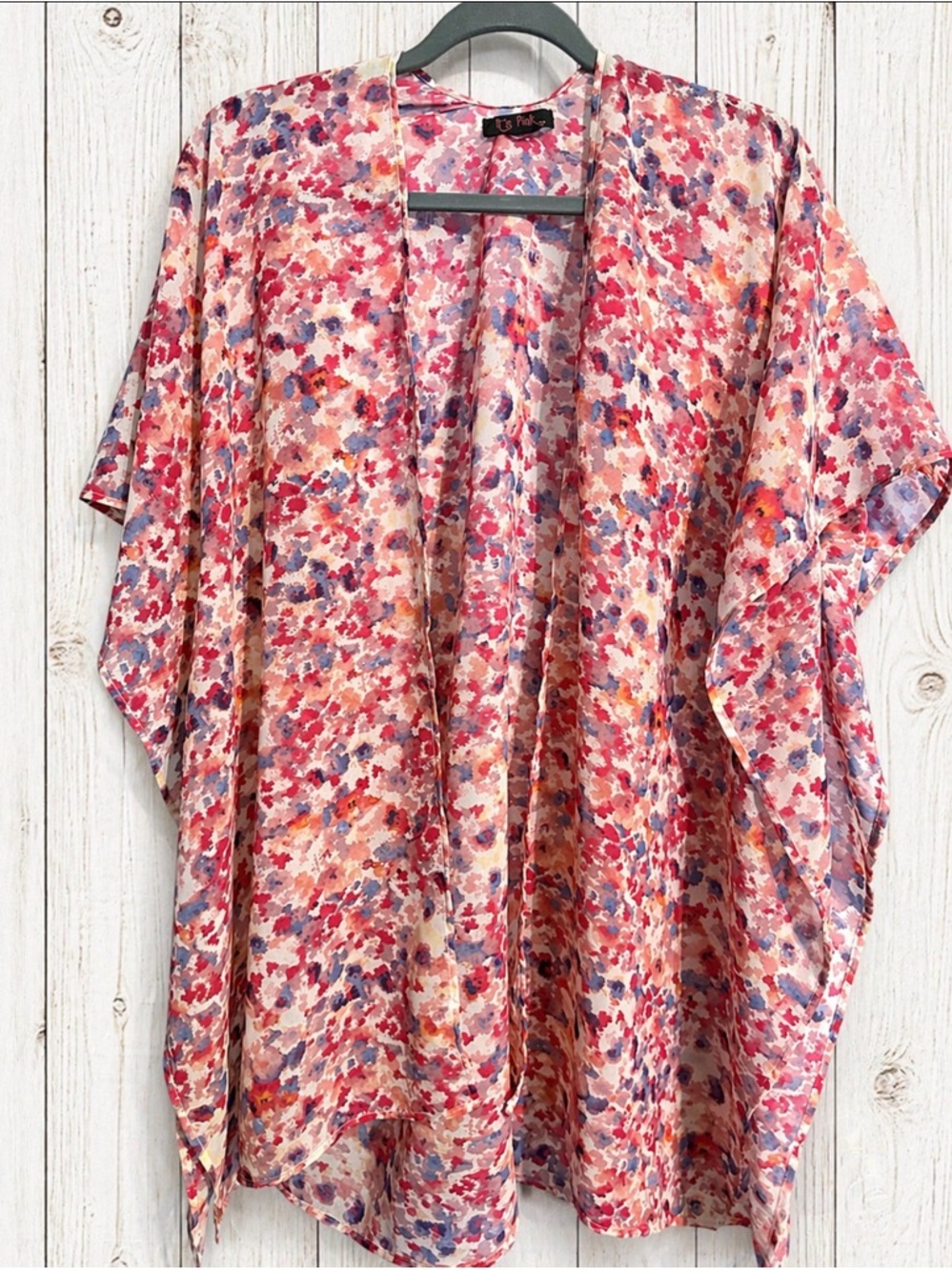 It’s Pink Chiffon Sheer Boho Watercolor Floral Open-Front Kimono Coverup ~ OSFM